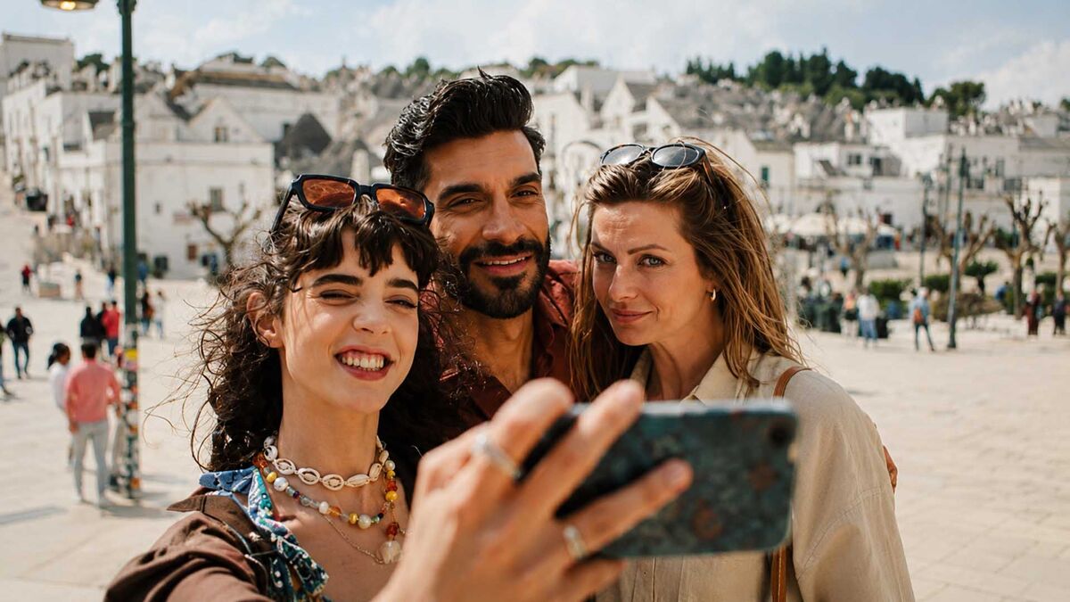 Alessandro Parello pozuje do wspólnego selfie z dwiema kobietami, stojąc pomiędzy nimi. Przed grupą widoczna jest dłoń trzymająca telefon, a wszyscy mają okulary przeciwsłoneczne założone na głowę. W tle znajduje się rozległy plac z jasną zabudową, drzewami i przechodniami. Kadr z serialu 