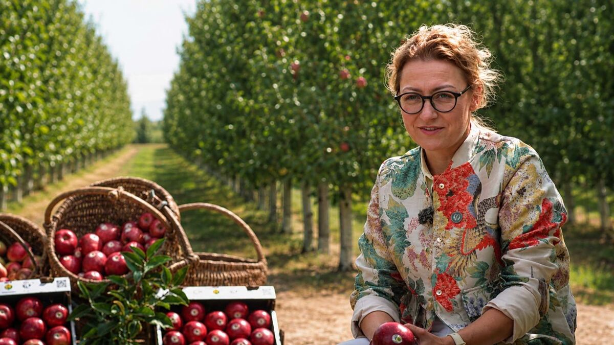 Magdalena Wrotek-Figarska siedzi w sadzie jabłoniowym, trzymając w dłoniach czerwone jabłko. Obok znajdują się wiklinowe kosze oraz skrzynki wypełnione zebranymi owocami. W tle widoczne są równe rzędy drzew owocowych rozciągające się w głąb sadu.